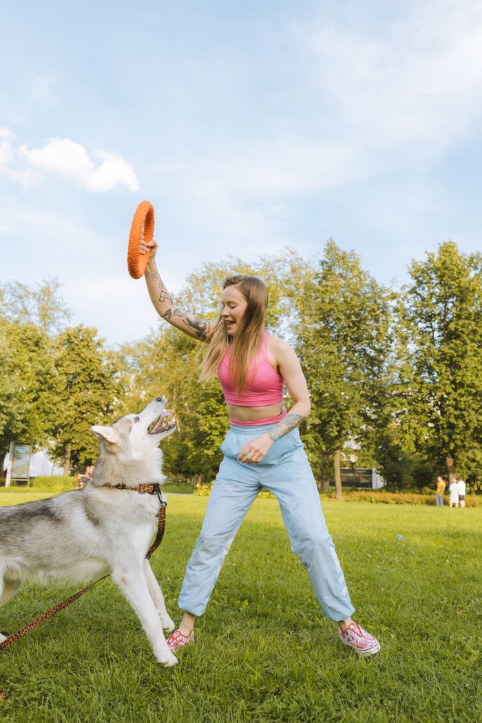 gallery-1 A woman plays fetch with her Siberian Husky in a sunny park, enjoying an active outdoor day.
